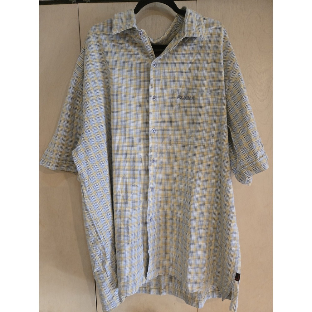 Vintage FUBU Plaid Button Front Shirt Mens 3X Blue Yellow Short Sleeve Logo